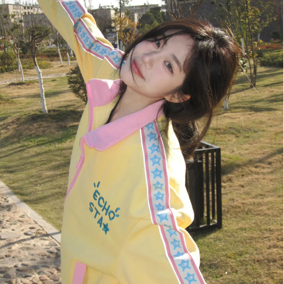 Yellow Y2K Star Embroidery Zip Up Jacket