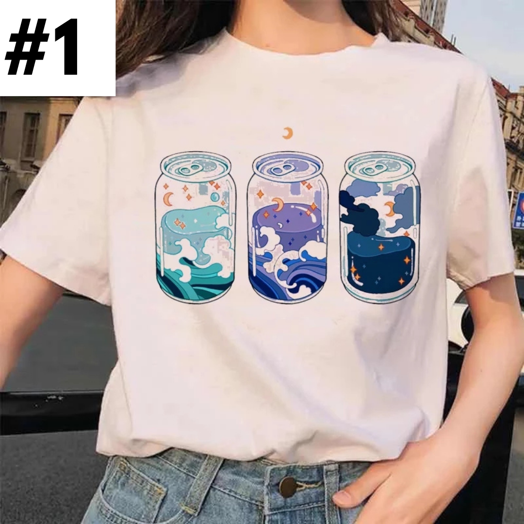 Cute Moon Water Soda Drink Can Print Oversized Short Sleeve Shirt Aesthetic Casual E-Girl Kawaii Korean Japanese Harajuku