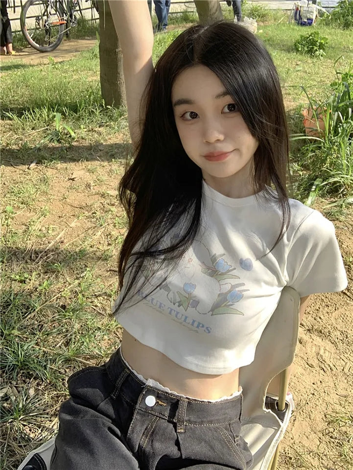 Blue Tulip Lamb Print Cropped Short Sleeve T-shirt