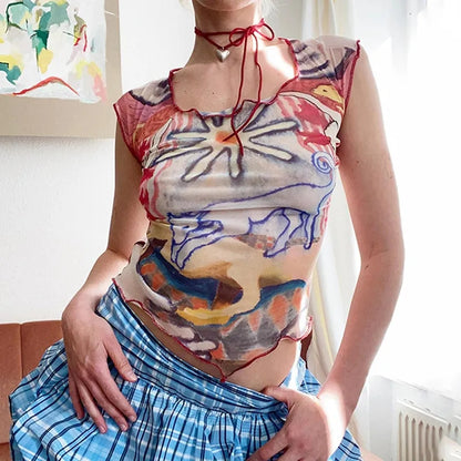 Abstract Print Mesh Sheer Crop Top