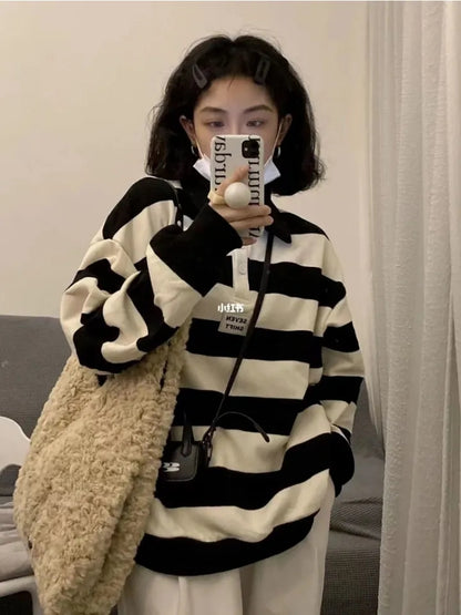 Black & White Stripe Polo Collar Sweatshirt
