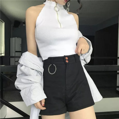 Cute Black White Sexy Knit Zipper Sleeveless Shirt Crop Top Tank Camisole Aesthetic Casual E-Girl Kawaii Korean Japanese Harajuku