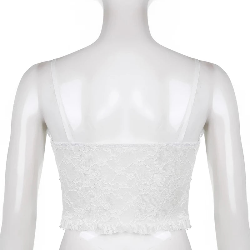 Cute Lace Mesh Patchwork Transparent Corset Camisole Ruffle Crop Top Sleeveless Shirt Summer Aesthetic Casual E-Girl Kawaii Korean Japanese Harajuku