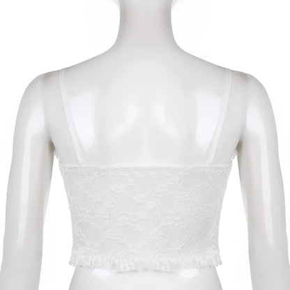 Cute Lace Mesh Patchwork Transparent Corset Camisole Ruffle Crop Top Sleeveless Shirt Summer Aesthetic Casual E-Girl Kawaii Korean Japanese Harajuku