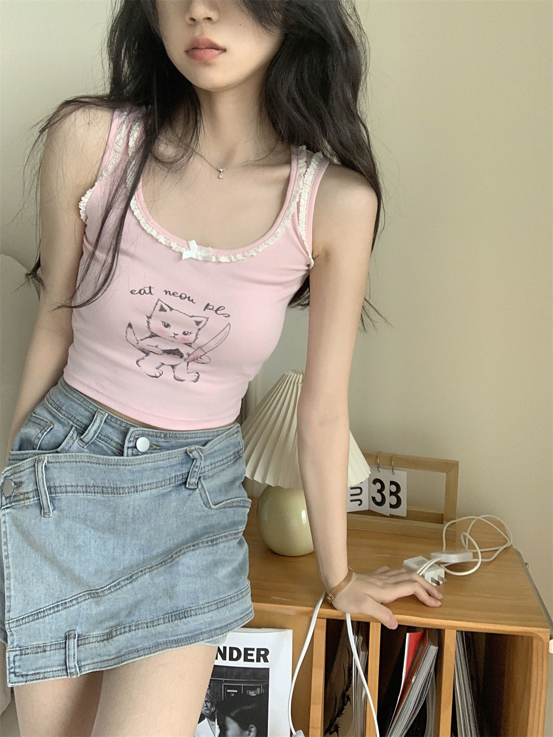 Pink Cat Lace Tank Top