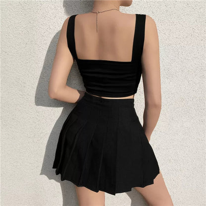 Cute Black Buckle Belt Tank Crop Top Sleeveless Shirt Camisole Bustier Corset Punk Goth Summer Aesthetic E-Girl Kawaii Korean Japanese Harajuku