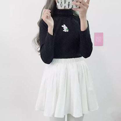 Cute Rabbit Animal Embroidery Knit Turtleneck Sweater Sweatshirt Pullover Long Sleeve Shirt E-Girl Kawaii Korean Japanese Harajuku Streetwear