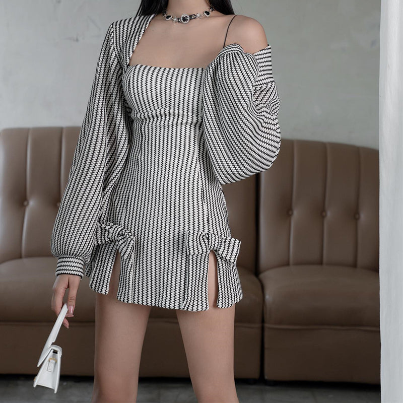 2PCS Vertical Stripe Slip Dress + Jacket