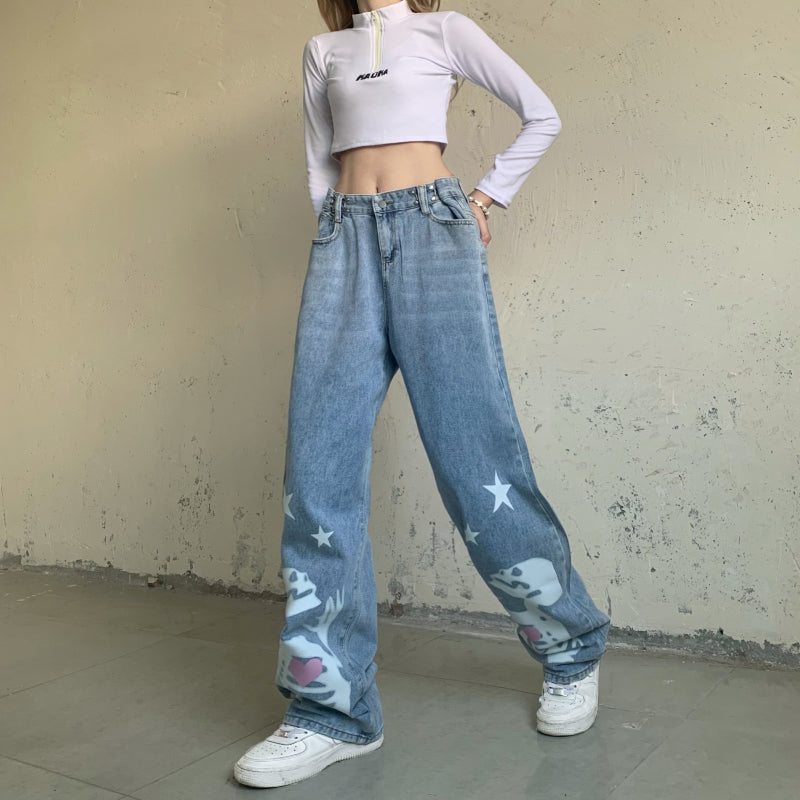Blue Skull Print Denim Straight Leg Jeans