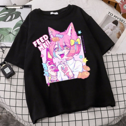 Cute Pastel Sweet Fox Anime Girl Cartoon Print Short Sleeve T-shirt Loose Punk Aesthetic Casual Summer E-Girl Kawaii Korean Japanese Harajuku