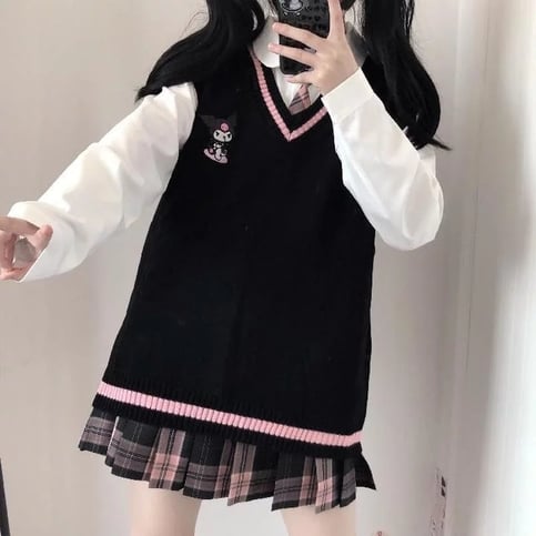 Cute Anime Cartoon Print Knit Vest Sweater Crop Top V Neck Sleeveless Shirt Aesthetic Casual Summer E-Girl Kawaii Korean Japanese Harajuku