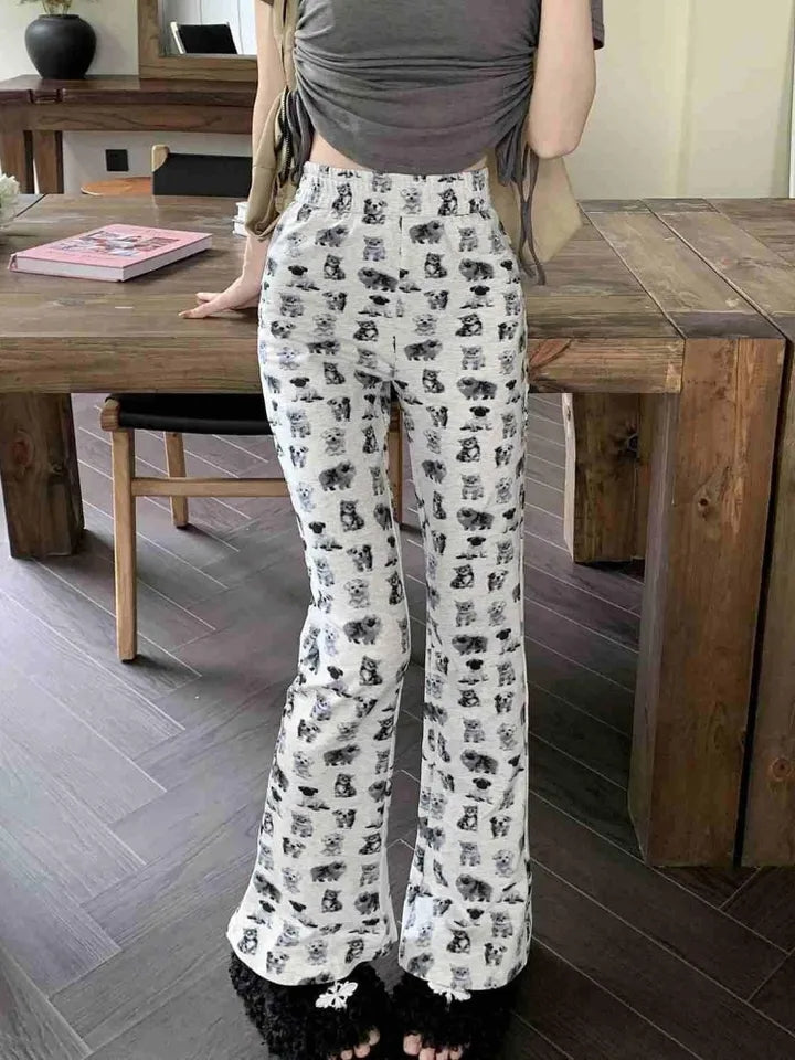 Puppy & Kitten Print Flare Trousers