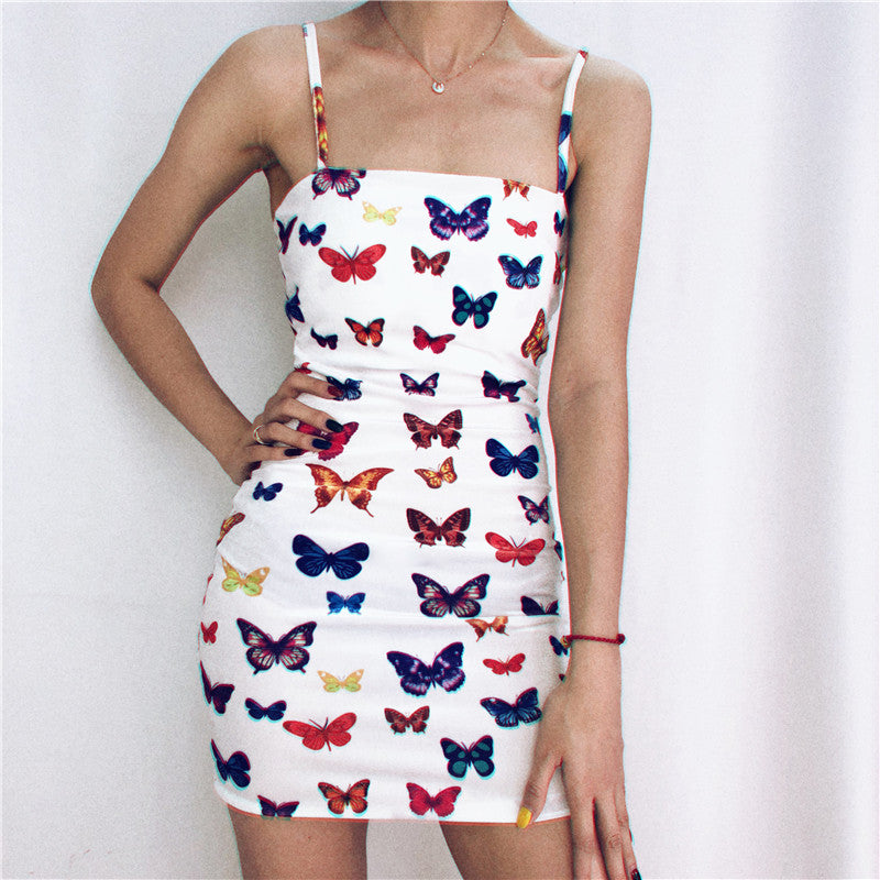 Cute Colorful Rainbow Butterfly Spaghetti Strap Bodycon Mini Dress Party E-Girl Kawaii Korean Japanese Harajuku Chinese Retro Streetwear Aesthetic