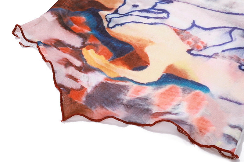 Abstract Print Mesh Sheer Crop Top