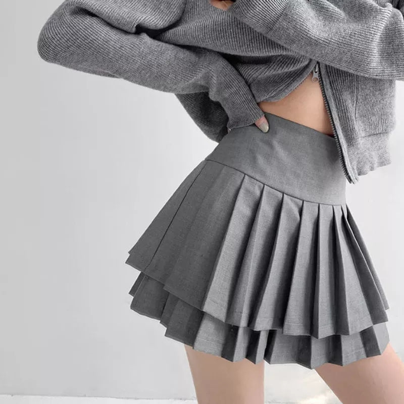 Preppy Double Pleated High Waisted Mini Skirt Aesthetic Casual E-Girl Kawaii Korean Japanese Harajuku