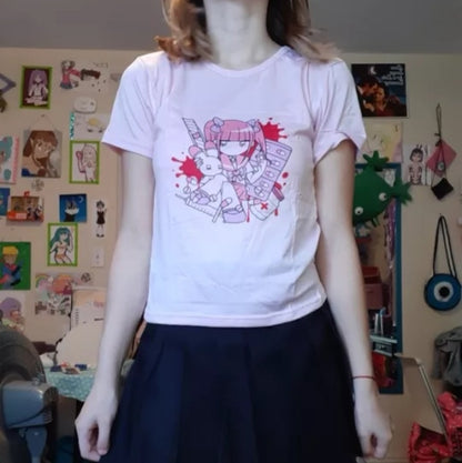 Cute Sweet Pastel Pink Anime Girl Strawberry Print Loose Short Sleeve Shirt Aesthetic Casual E-Girl Kawaii Korean Japanese Harajuku