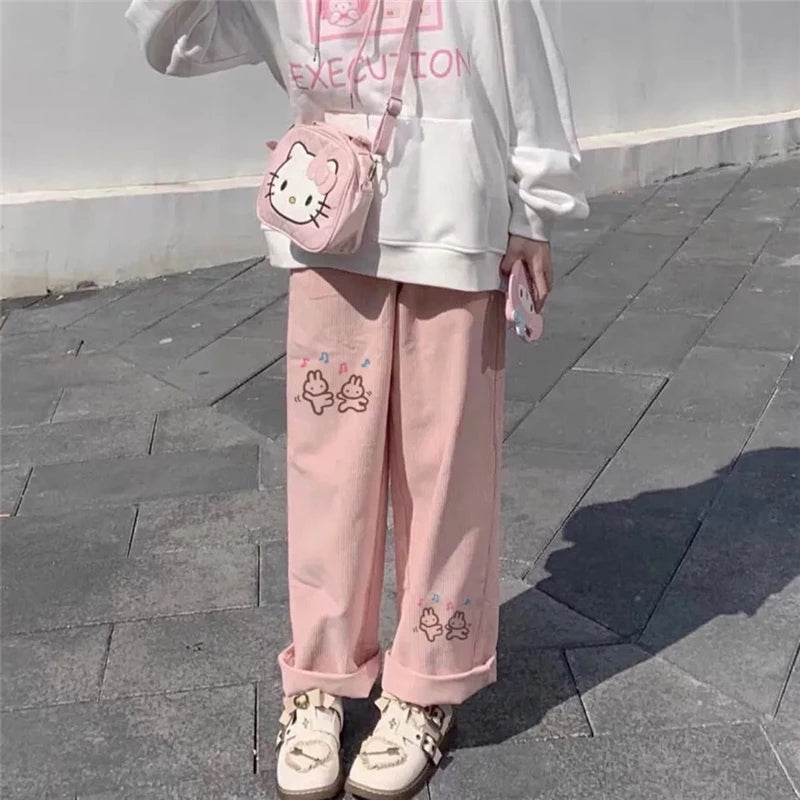 Cute Sweet Pink Bunny Cartoon Print Baggy Corduroy High Waisted Pants Trousers Aesthetic Casual Summer E-Girl Kawaii Korean Japanese Harajuku