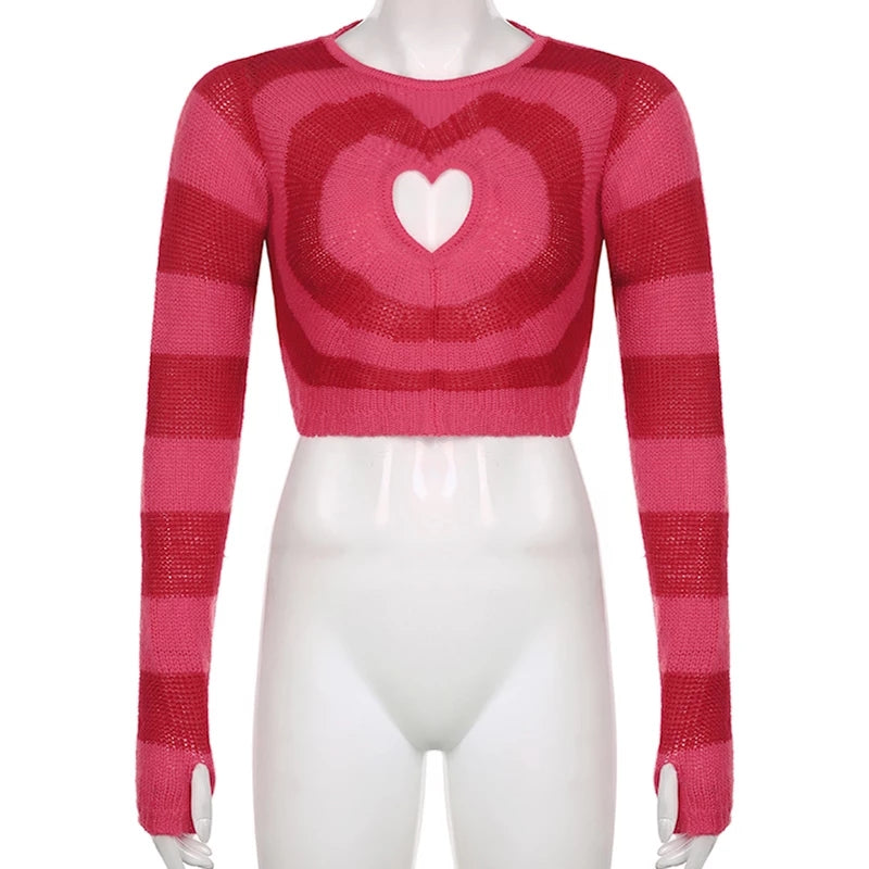 Cute Pink Heart Shape Hollow Out Long Sleeve O-neck Sweater Knit Pullover Aesthetic Casual E-Girl Kawaii Korean Japanese Harajuku