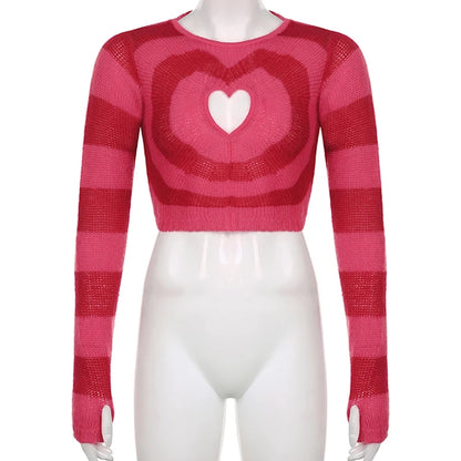 Cute Pink Heart Shape Hollow Out Long Sleeve O-neck Sweater Knit Pullover Aesthetic Casual E-Girl Kawaii Korean Japanese Harajuku