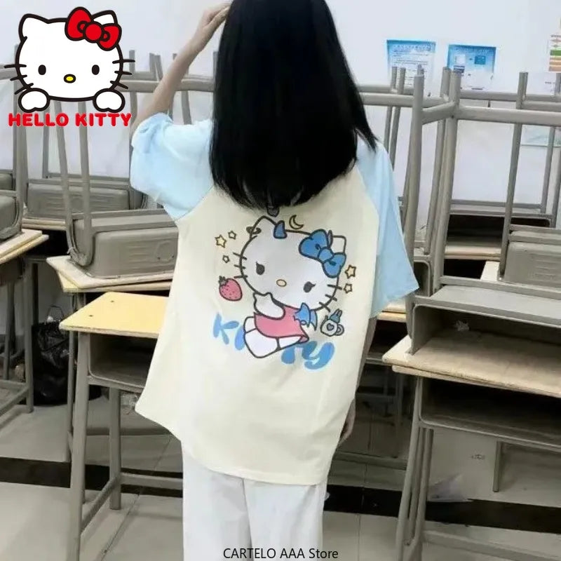 Japanese Cat Print Patchwork Short Sleeve T-shirt