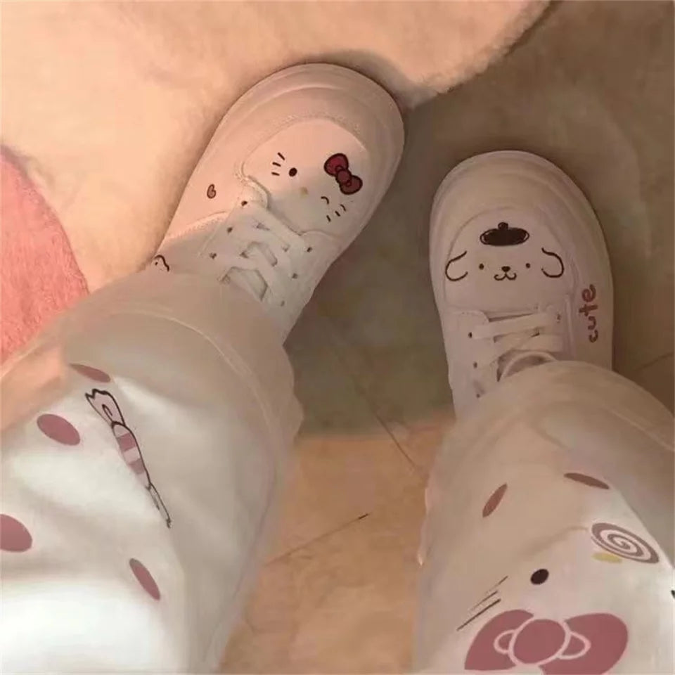 Cute White Kitty Cat Cartoon Print High Waisted Straight Pants Trousers Aesthetic Casual Summer E-Girl Kawaii Korean Japanese Harajuku