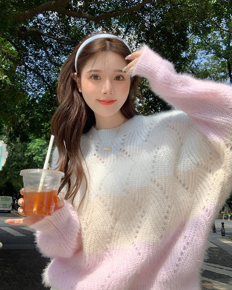 Pink Ombre Hollow Out Sweater