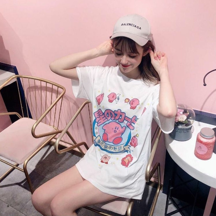 Pastel Pink Japanese Anime Graphic Cartoon Print Loose Short Sleeve T-shirt