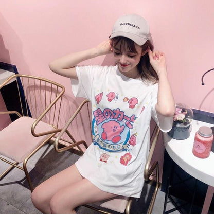 Pastel Pink Japanese Anime Graphic Cartoon Print Loose Short Sleeve T-shirt