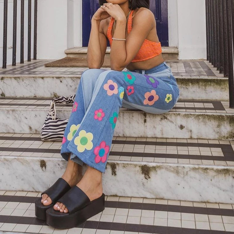 Cute Vintage Flower Patchwork High Waisted Denim Jean Trouser Pants Indie Punk Aesthetic Casual Summer E-Girl Kawaii Korean Japanese Harajuku