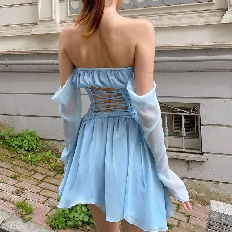 Blue Off Shoulder Corset Bustier Long Sleeve Dress