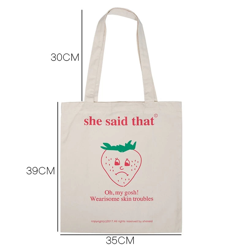 Cute Strawberry Cherry Print Canvas Tote Bag Eco Shopping Shoulder Bag Aesthetic Casual Summer E-Girl Kawaii Korean Japanese Harajuku