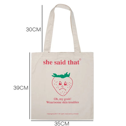 Cute Strawberry Cherry Print Canvas Tote Bag Eco Shopping Shoulder Bag Aesthetic Casual Summer E-Girl Kawaii Korean Japanese Harajuku