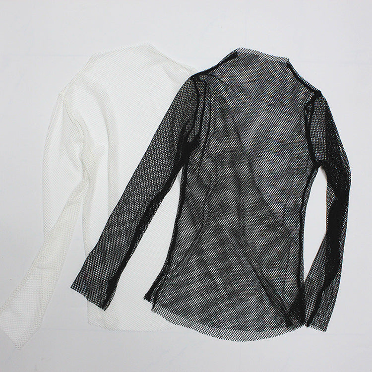 Cute Sexy Transparent Fishnet Mesh Lace Top Long Sleeve Shirt Tee T-shirt E-Girl Kawaii Korean Japanese Harajuku Chinese Retro Streetwear Aesthetic