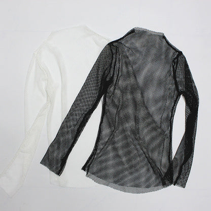 Cute Sexy Transparent Fishnet Mesh Lace Top Long Sleeve Shirt Tee T-shirt E-Girl Kawaii Korean Japanese Harajuku Chinese Retro Streetwear Aesthetic