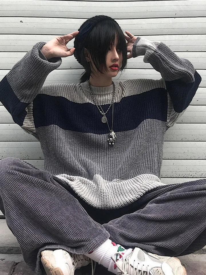 Grey Stripe Patchwork Sweater