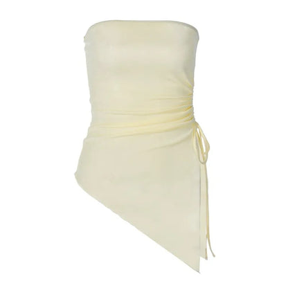 Beige Drawstring Strapless Tube Top