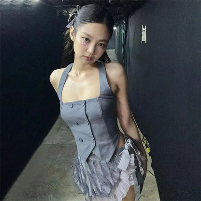 Grey Halter Button Down Vest Top
