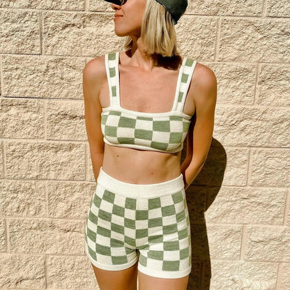 2PCS Green Checkered Knit Crop Top + Shorts