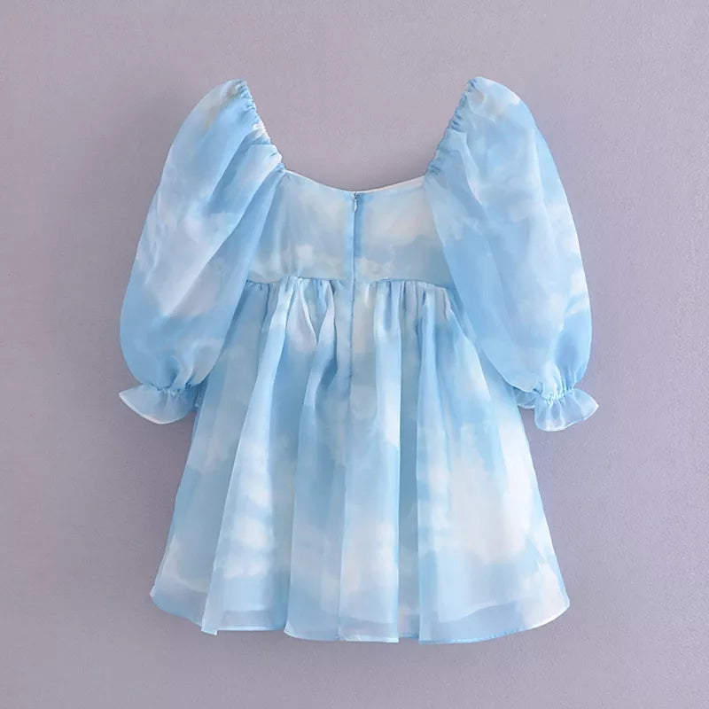 Cute Sexy Blue Cloud Sky Princess Square Neck Puff Sleeve Mini Party Dress Summer Aesthetic E-Girl Kawaii Korean Japanese Harajuku