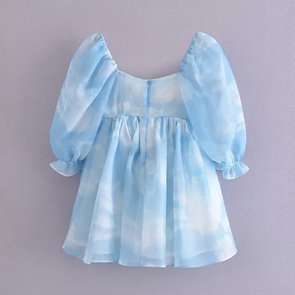 Cute Sexy Blue Cloud Sky Princess Square Neck Puff Sleeve Mini Party Dress Summer Aesthetic E-Girl Kawaii Korean Japanese Harajuku