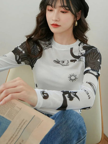 White Sun Mesh Transparent Long Sleeve Shirt