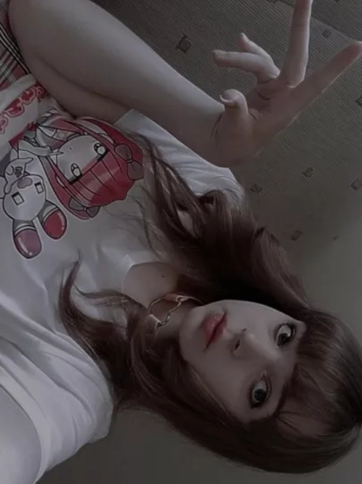 Cute Sweet Pastel Pink Anime Girl Strawberry Print Loose Short Sleeve Shirt Aesthetic Casual E-Girl Kawaii Korean Japanese Harajuku