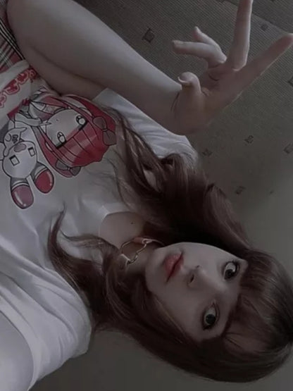 Cute Sweet Pastel Pink Anime Girl Strawberry Print Loose Short Sleeve Shirt Aesthetic Casual E-Girl Kawaii Korean Japanese Harajuku