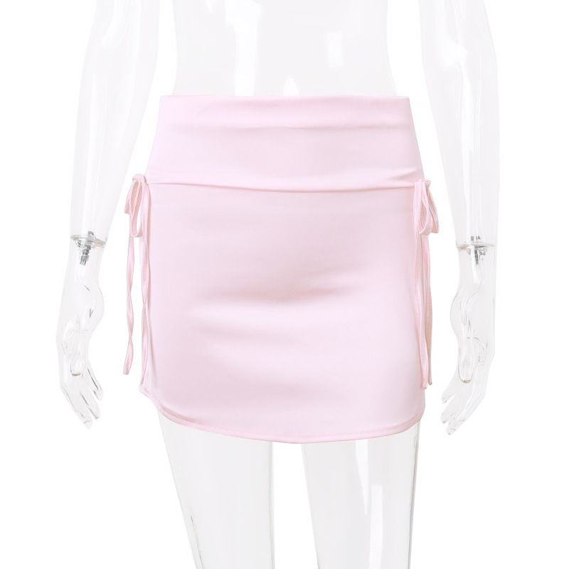 Pink Satin Bow Lace Up Mini Skirt