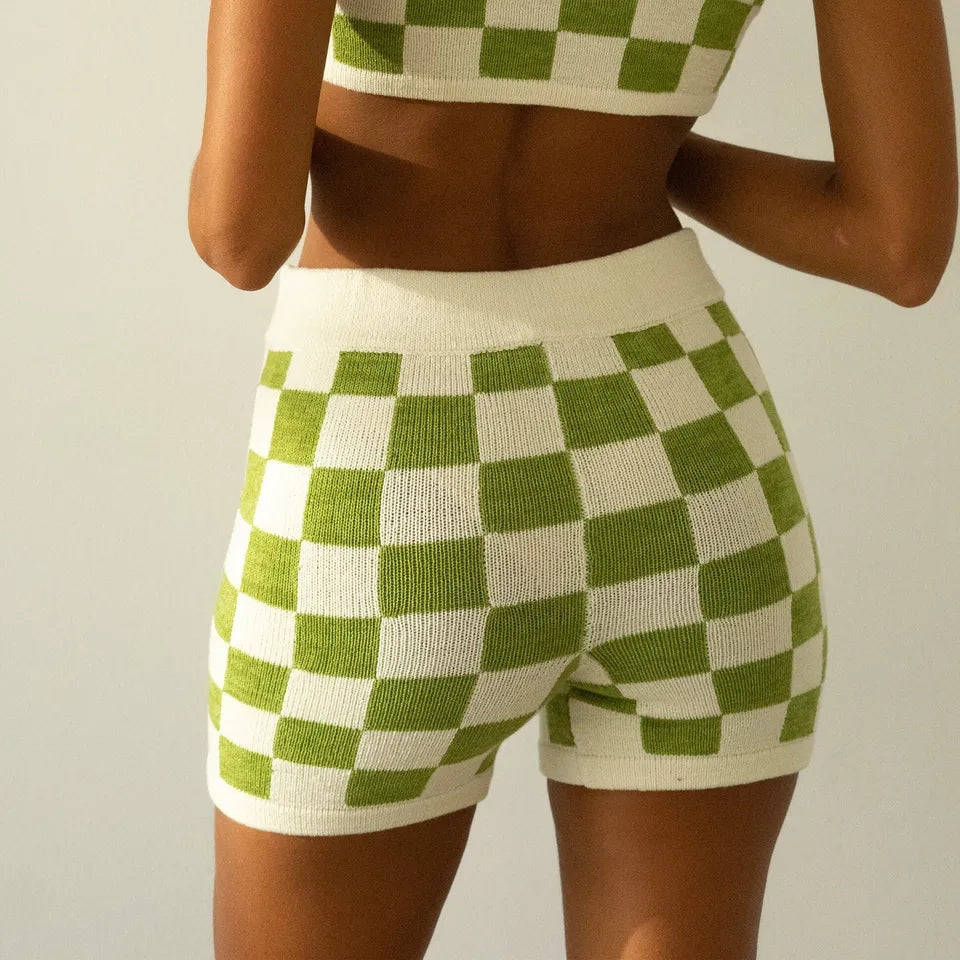 2PCS Green Checkered Knit Crop Top + Shorts