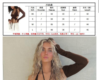 Brown 2 Piece Set Tie Up Drawstring Halter Top