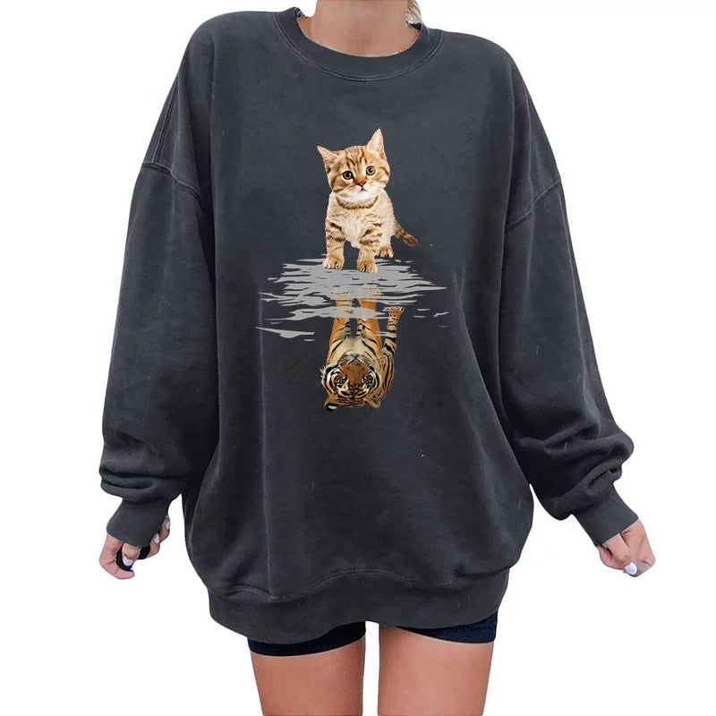 Cute Funny Cat Tiger Cartoon Print Long Sleeve Crewneck Sweatshirt Pullover Aesthetic Casual E-Girl Kawaii Korean Japanese Harajuku