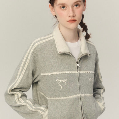 Grey Bow Embroidery Zipper Jacket