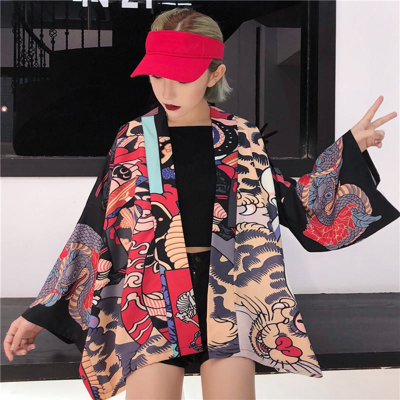 Mask Demon Horn Kimono Cardigan Cartoon Print Loose Blouse Long Sleeve Shirt T-shirt Top E-Girl Kawaii Korean Japanese Harajuku Streetwear