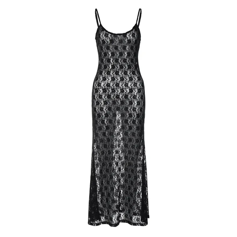 Black Floral Mesh Lace Backless Slip Dress